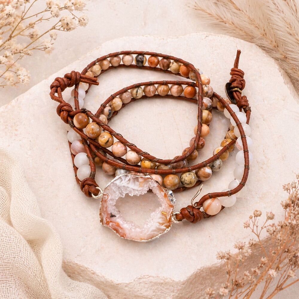Beaded Gemstone and Leather Wrap Bracelet